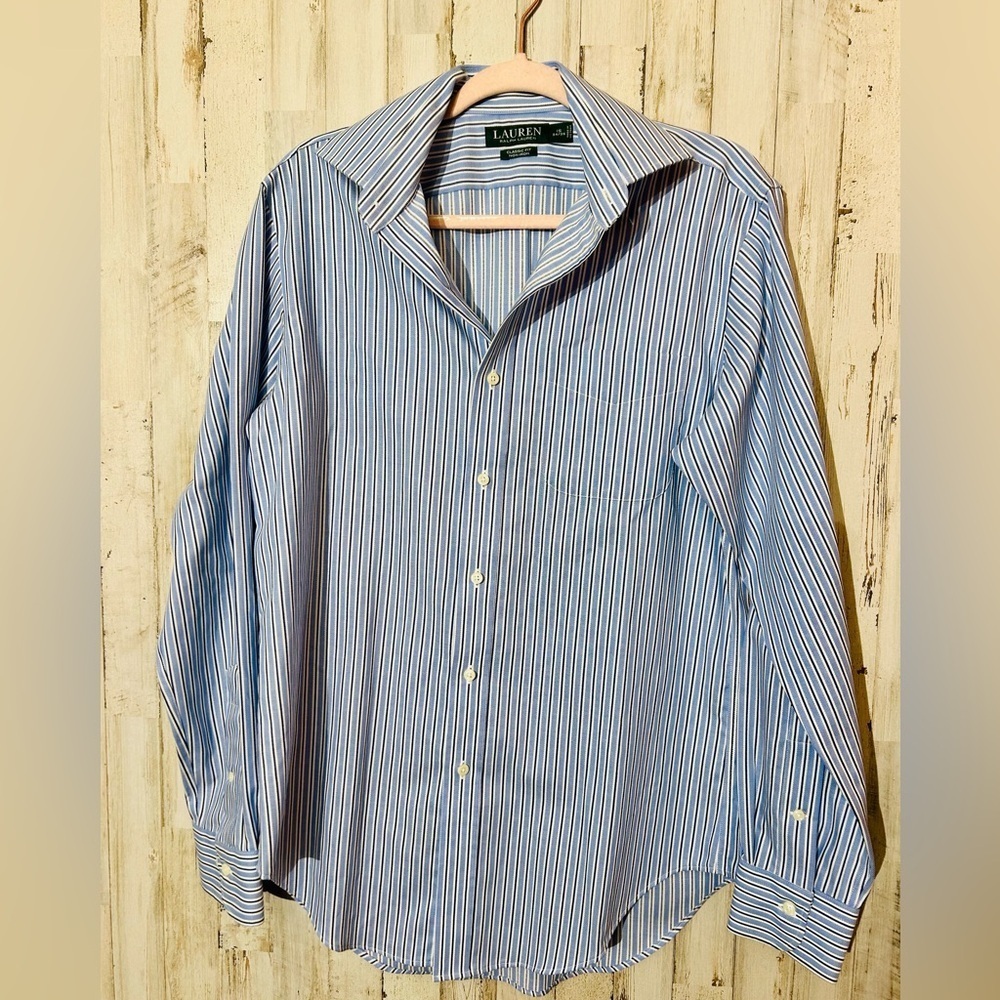 Ralph Lauren Men's Blue and White Striped Dress Shirt